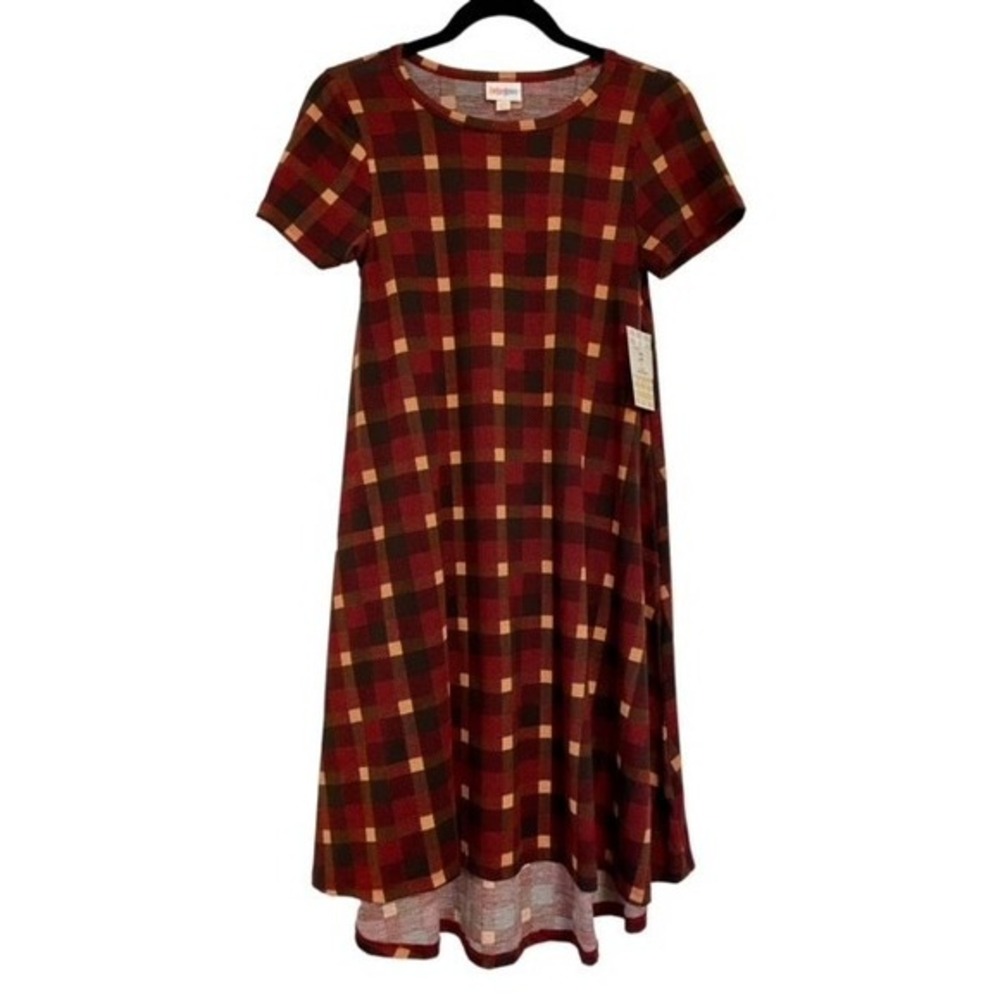 NWT LULAROE PLAID RED BROWN PUMPKIN HI LOW DRESS SIZE XXS FALL HOLIDAY
